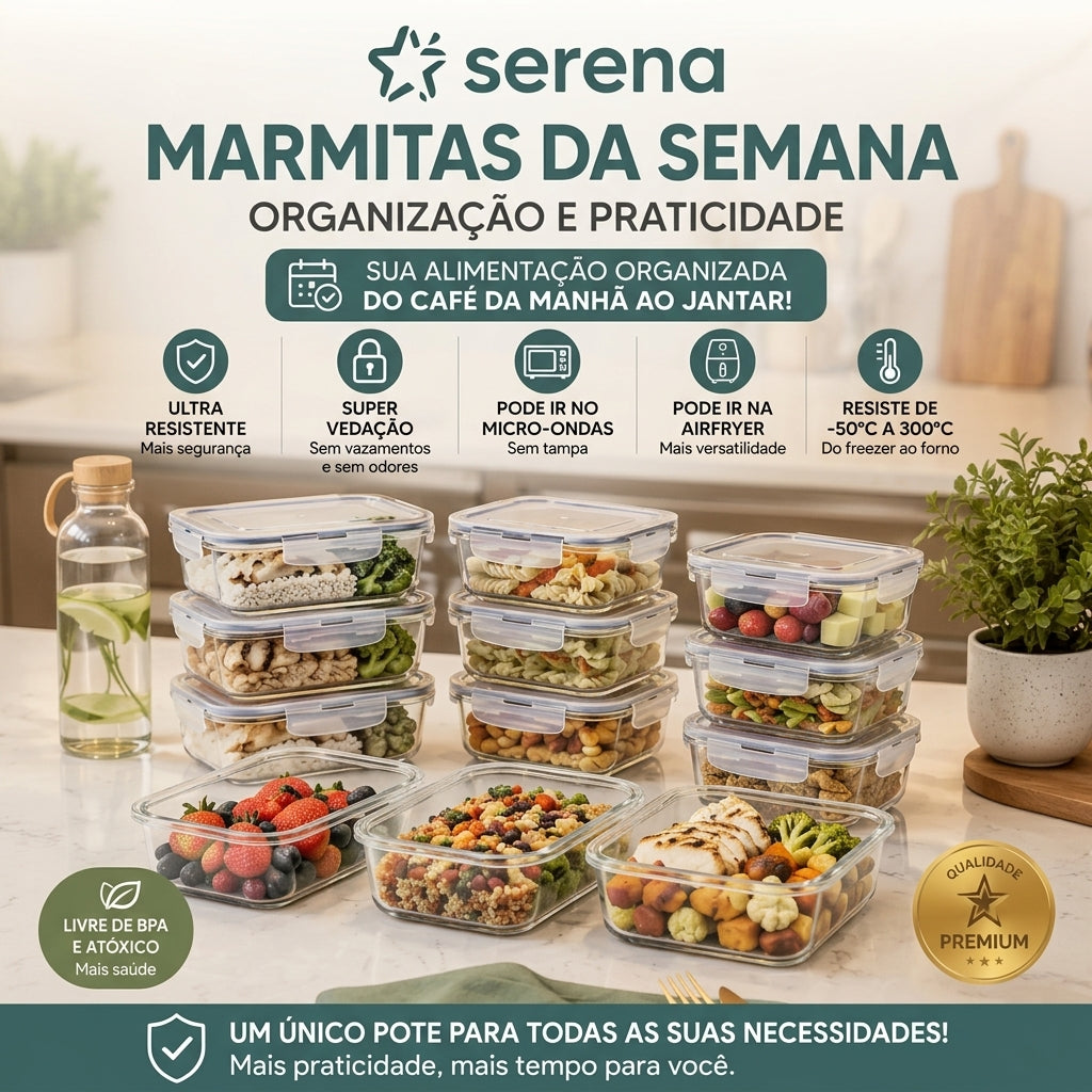[COMPRE 5 LEVE 10] Kit 10 Potes Herméticos Vidro  Marmita Forno Micro-ondas Airfryer com 4 travas de super vedação